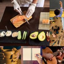 hands creating: sushi, pottery, music on a guitar, painting, writing