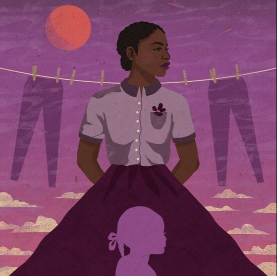 the color purple with a woman in purple with a little girl in purple, with a clothesline, sun and clouds in the background