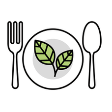 graphic of fork, plate, and spoon with green leaves on plate