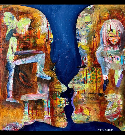 oil painting of two faces looking at each other, mouth to mouth