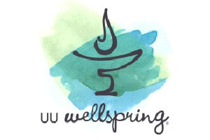 Chalice with green and blue background and the words uu wellspring